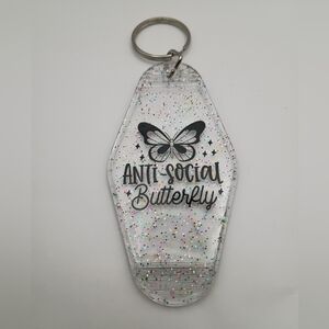 Clear Glitter Antisocial Butterfly Vintage Styled Motel Keychain Keyring Gift